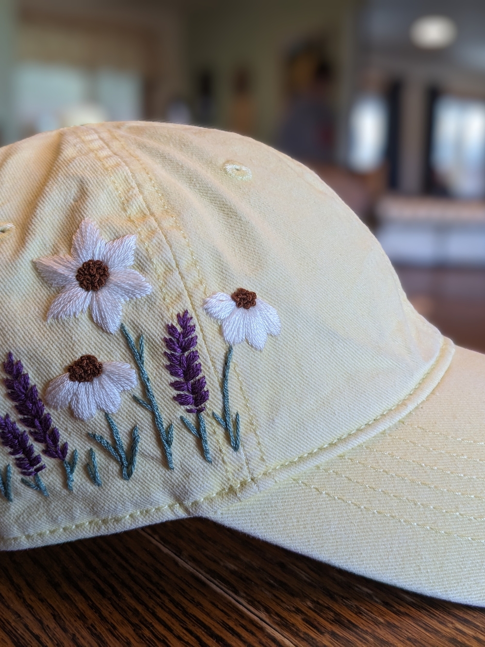 Hand Embroidered Floral Pastel Yellow Baseball Cap